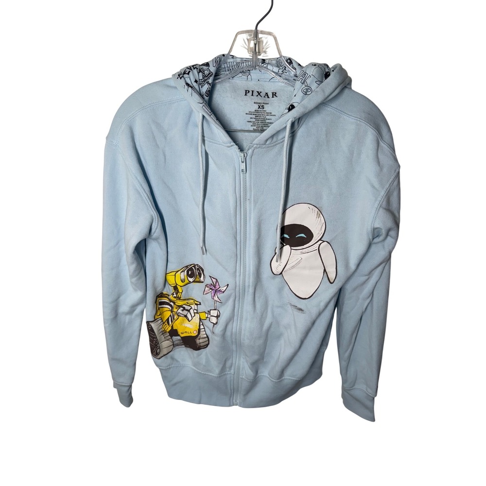 Disney Pixar WALL-E & EVA Blue Zip-Up Hoodie XS Graphic Sweatshirt
